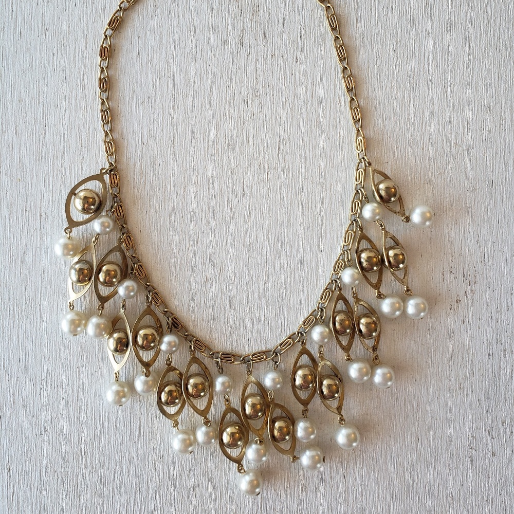 Vintage bib statement necklace boho pearl fringe